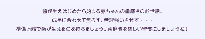 歯が生えはじめたら始まる赤ちゃんの歯磨きのお世話。成長に合わせて焦らず、無理強いをせず・・・準備万端で歯が生えるのを待ちましょう。歯磨きを楽しい習慣にしましょうね！