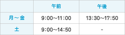 ＜診療受付時間のご案内＞　（月）9：00～11：00、13：30～17：50　（火）10：00～11：30、14：00～18：20　（水）9：00～11：00、13：30～17：50　（木）9：00～11：00、13：30～17：50　（金）9：30～10：50、14：00～17：20　（土）※月2回 9：00～14：50